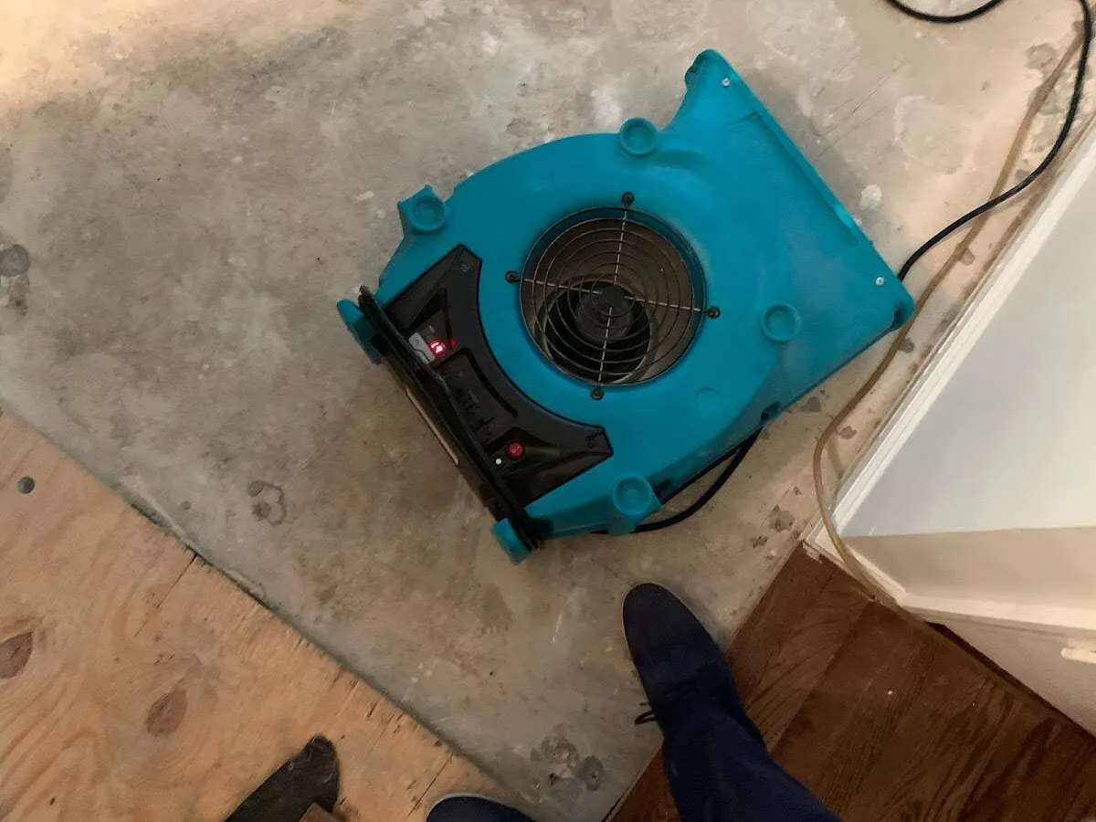 Air mover drying subfloor during Commercial Water Damage Restoration in Bloomsburg